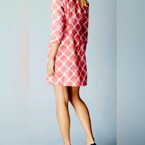 Boden EUC Size 2P Pretty Coral & White 3/4 Length Linen Mini Dress (0554) - Picture 3 of 14
